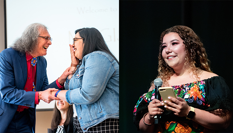 (Left)Raymond Reyes and Rani Chavez (’18) celebrate recognition at the Magis Awards. (Right) Liz Perez (’20) at a La Raza Latina club event in 2019.