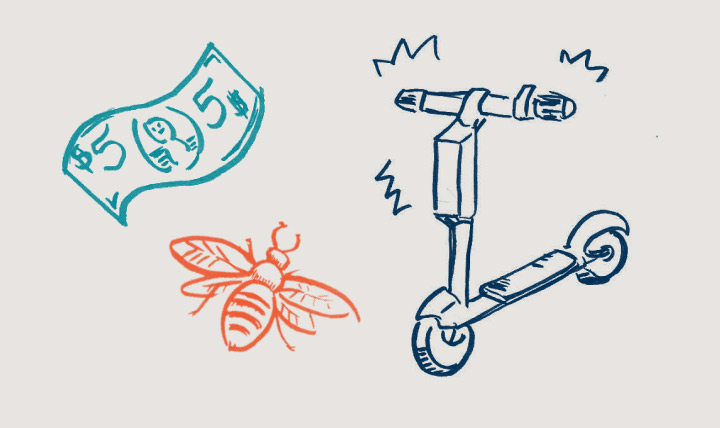illustrations of money, bees and electric scooter