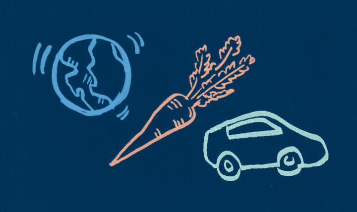 line drawings of globe, carrot and car
