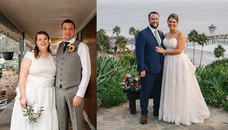 two separate photos of wedding couples