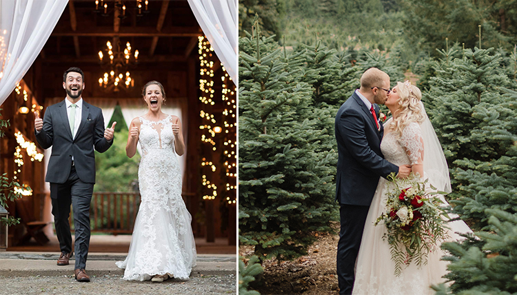 two separate photos of wedding couples
