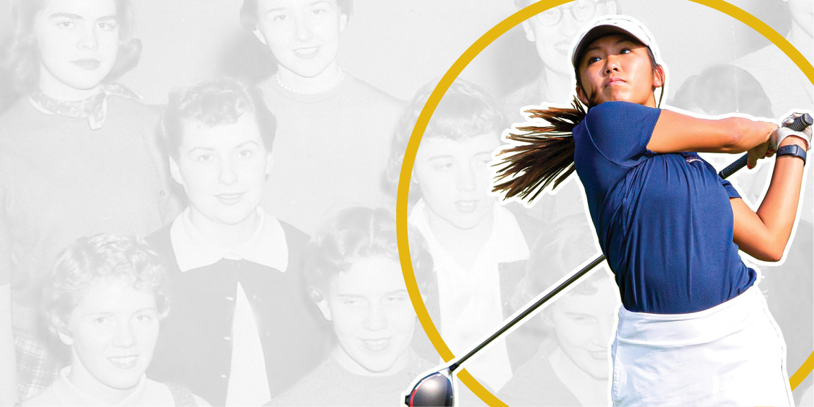 woman golfer over graphic of black and white photo of women athletes