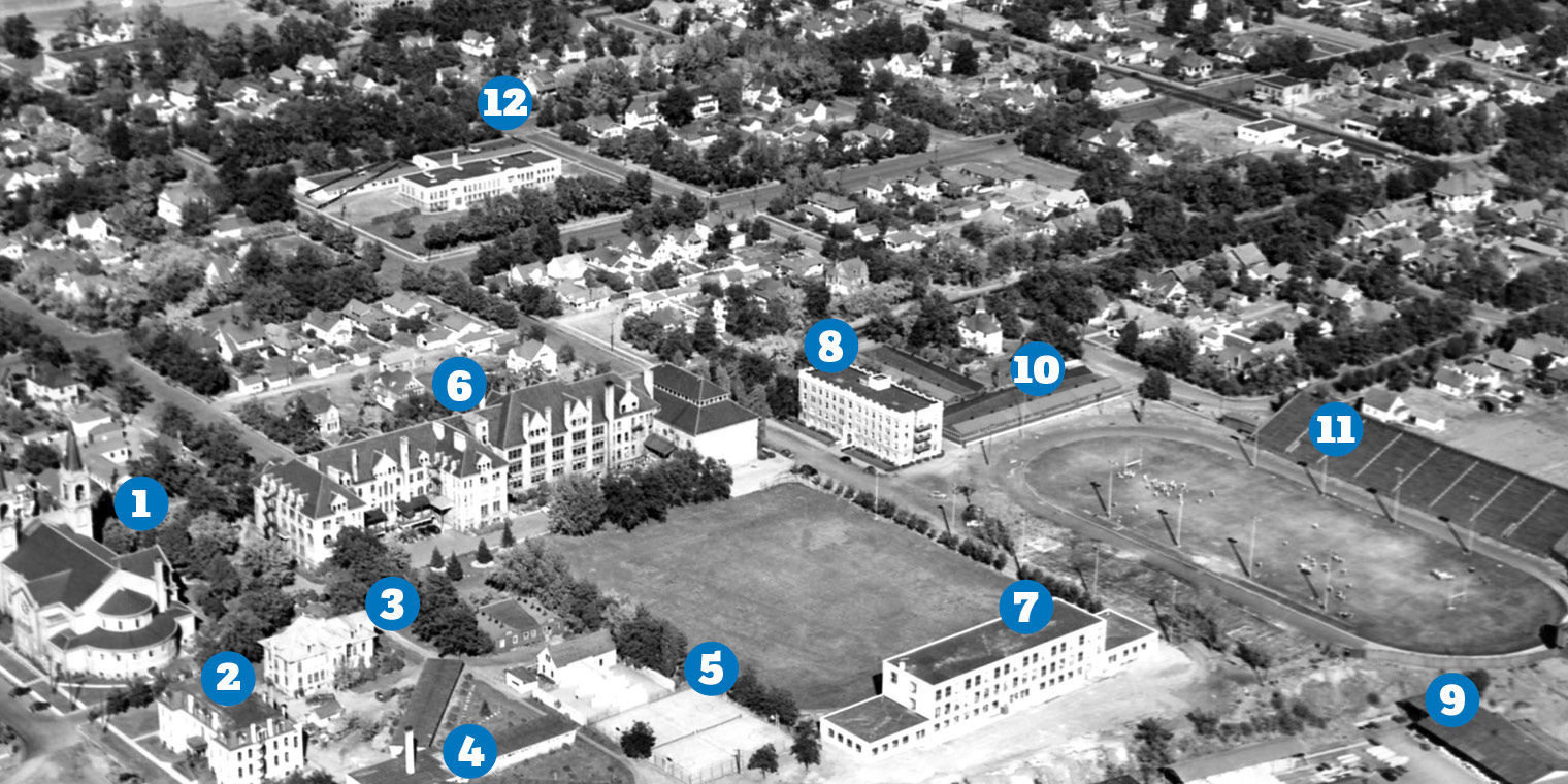black and white aerial of campus in 1940s