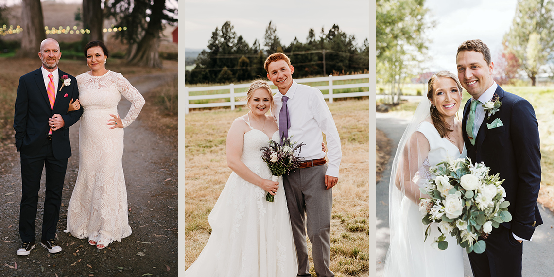 three couples on their wedding days