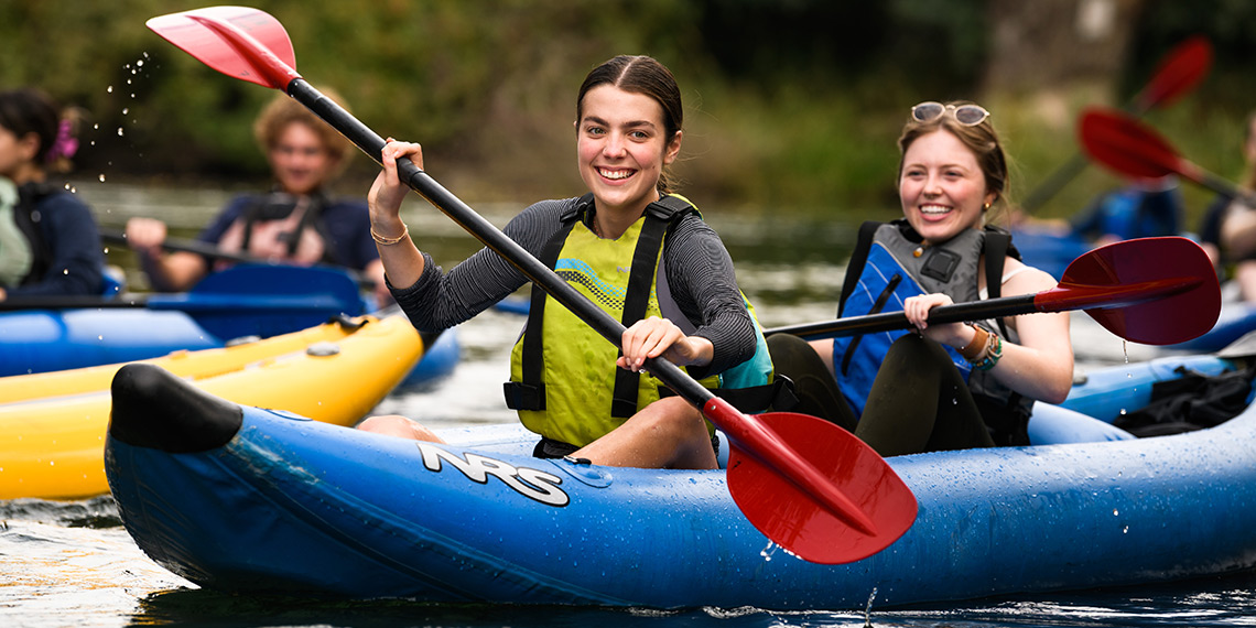 Students in Gonzaga's Immersive Outdoor Learning program kayak on the Little Spokane River.