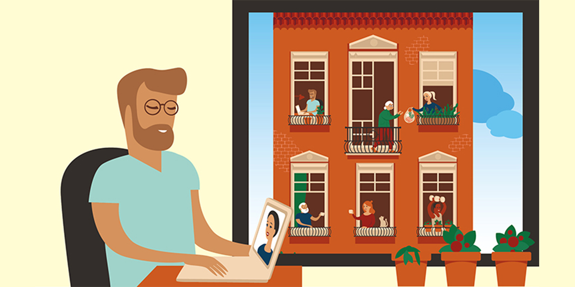 illustration of guy at computer and windows of friendly neighbors
