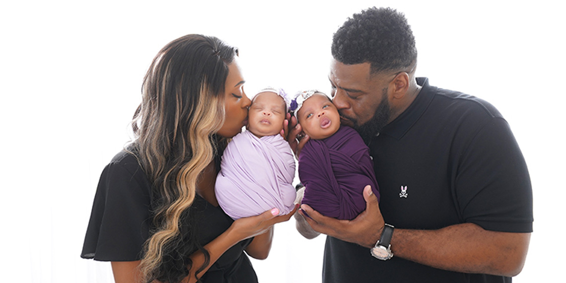 Aaron Winder and Jessica are delighted by twin daughters Navy Rose and Savannah Grace.