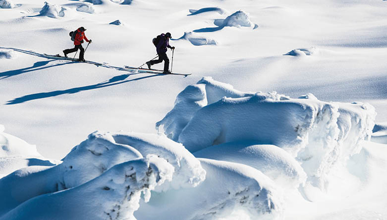 Two skiers navigating a snowy mountain
