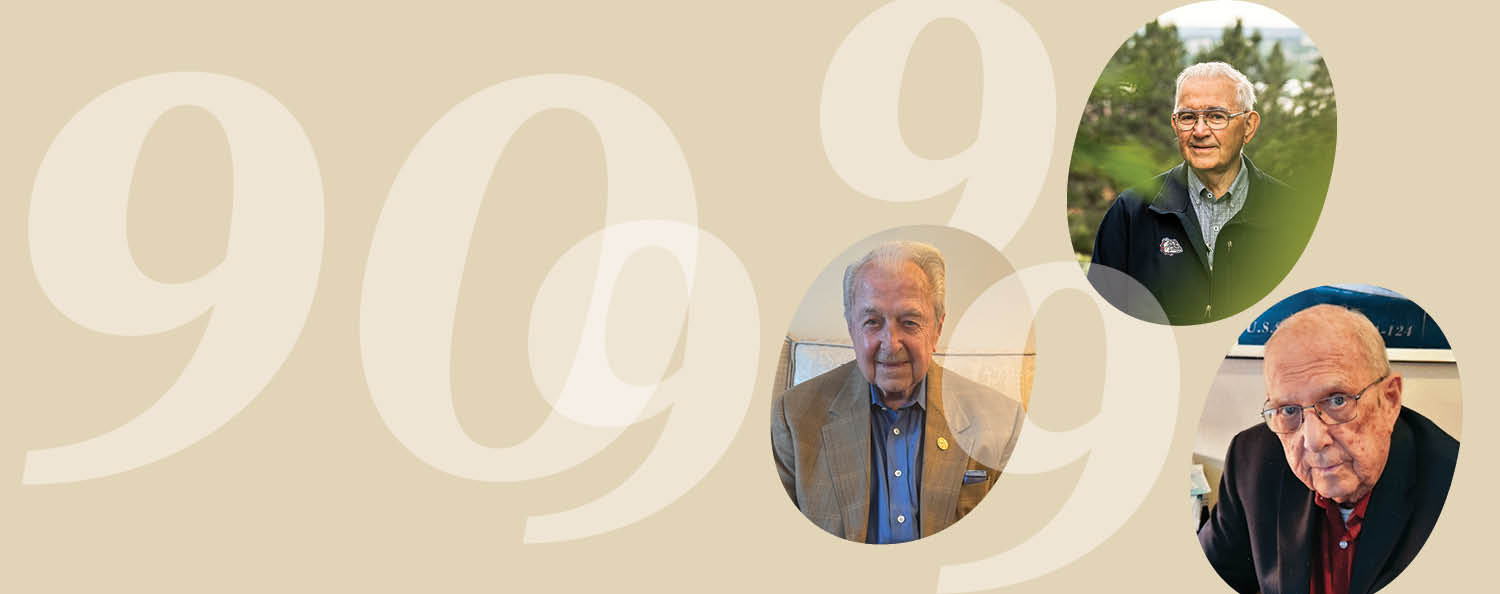 beige color image of 90 in the background with circular images of Weber, Herriges, and Paioni on the right side