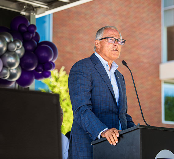 Governor Jay Inslee is speaking at the ribbon cutting event of Spokane Transit Authority’s new electric City Line.