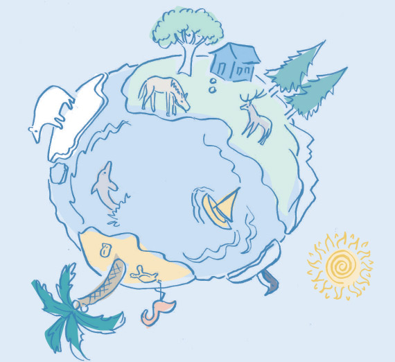 illustration of earth with trees and animals