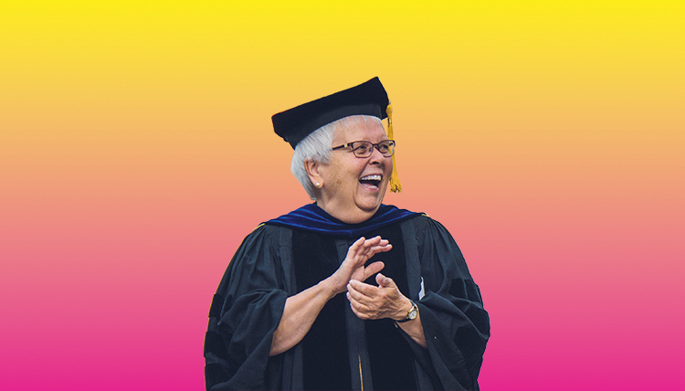 colorful background with sister joy milos laughing