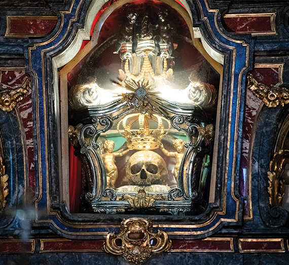 a skull enclosed in an ornate glass case