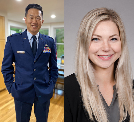Man in uniform on left and woman posing for headshot on the right.