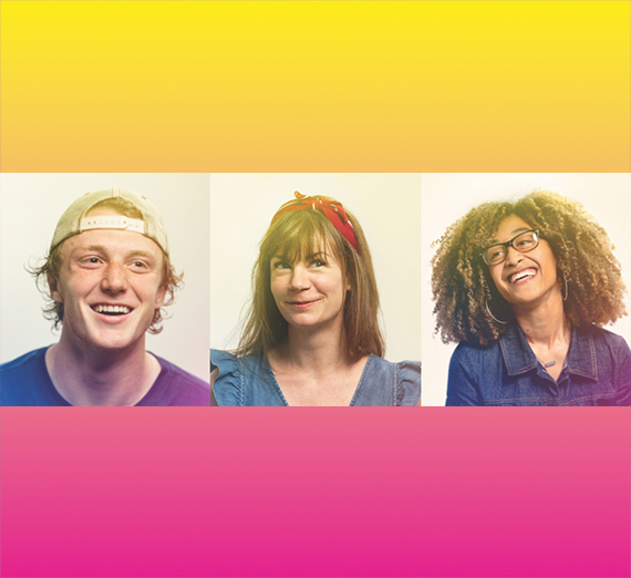 yellow to pink gradient with three people smiling 
