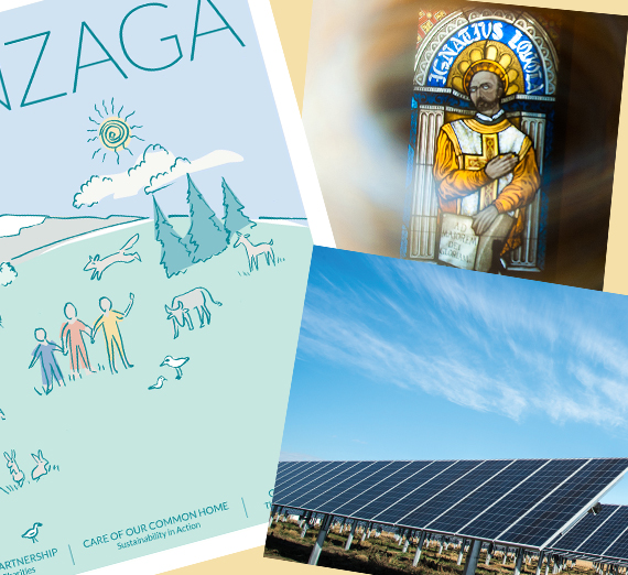 A photo compilation including the cover of the Spring '19 Gonzaga Magazine (left), a stained glass window in the image of a saint (top right) and a line of solar panels (bottom right).