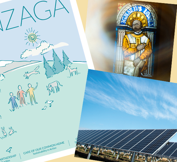 A photo compilation including the cover of the Spring '19 Gonzaga Magazine (left), a stained glass window in the image of a saint (top right) and a line of solar panels (bottom right). 