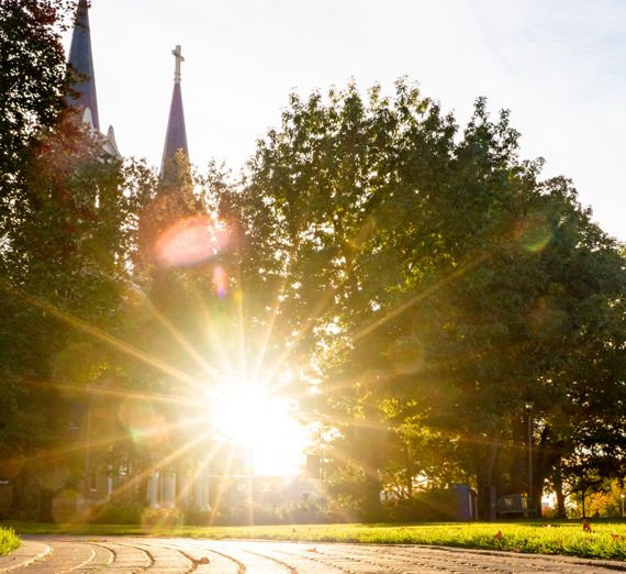 rays of sunshine burst through trees with the cross of St. Al's church above