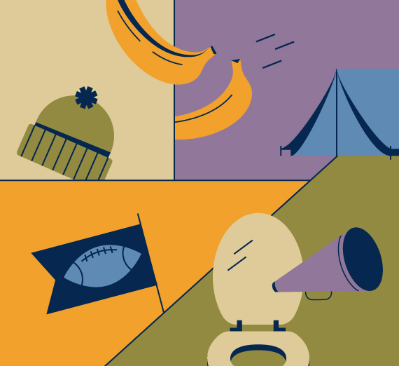 Illustration featuring a megaphone, bananas, football flag, winter hat, and a tent, all arranged in a colorful, abstract pattern.