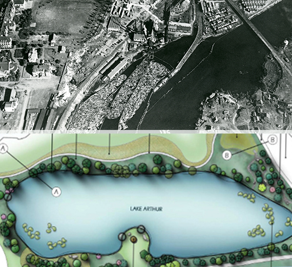 one historical aerial and a digital rendering of Lake Arthur