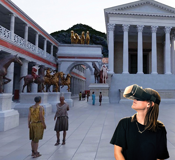 51Թ with vr goggles imposed over ancient pompeii scene