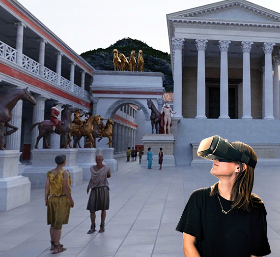 student with vr goggles imposed over ancient pompeii scene