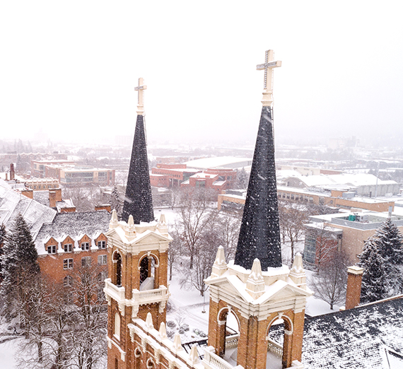 spires of st aloysius in snow