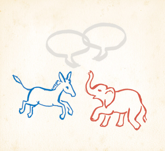 illustration of donkey and elephant talking