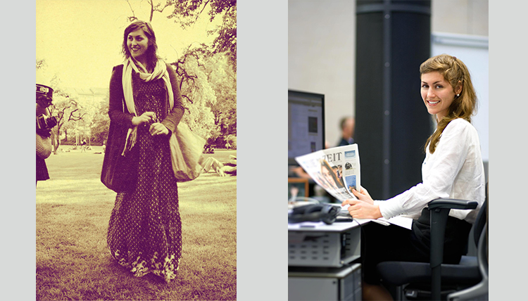 two separate photos of woman