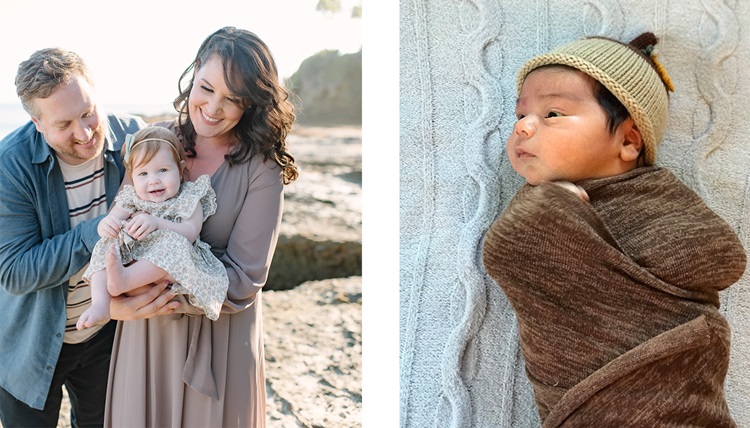 A baby with its parents on the beach and a baby wrapped in a blanket