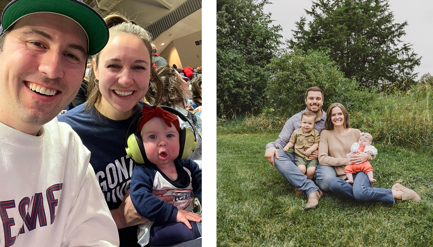 A baby with its parents at a Zags game