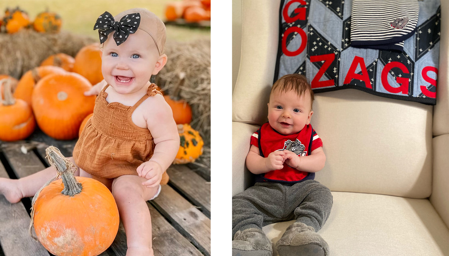 A baby poses with a pumpkin