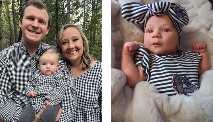 A baby in plaid poses with its parents.