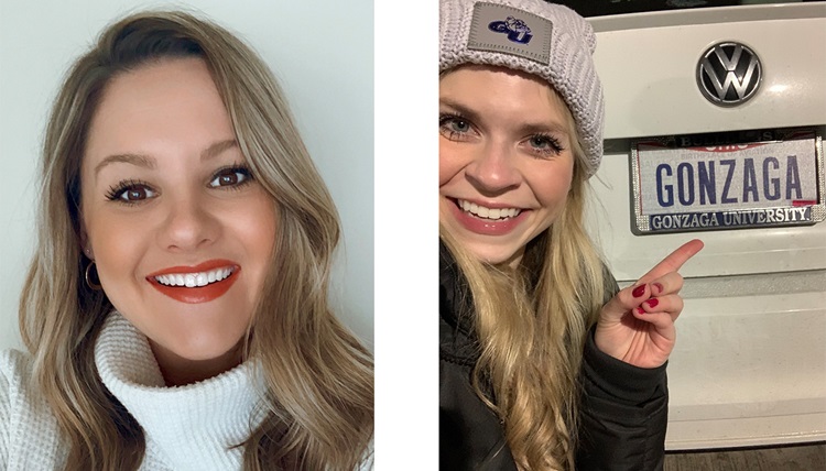 Left: A woman in a selfie, right: a woman next to her GU license plate.