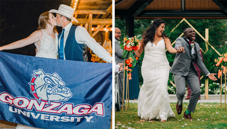 Allison Drescher and Isaac Fleshman-Cooper kissing and holding a Gonzaga flag on the left, Siniva Areta and Simon Menso walking down the aisle on the right