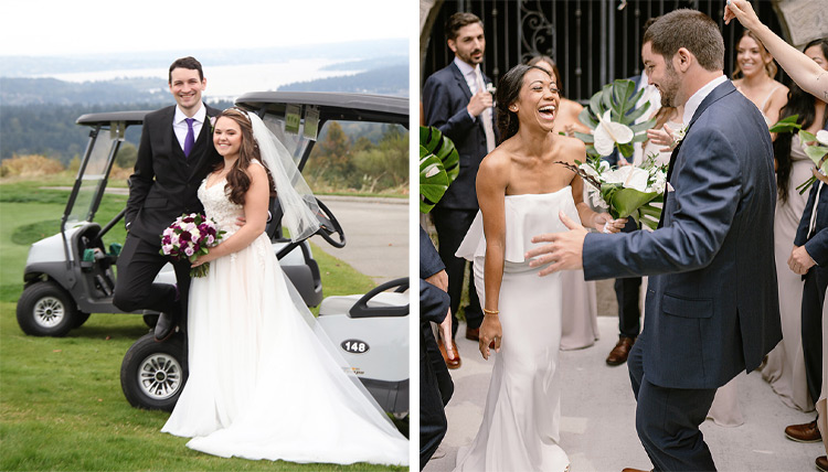 Victoria Miller and Scott McLaren on the golf course on the left , Philip Noyes and Magenta Dumpit laughing with the wedding party on the right