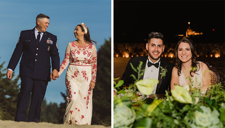 Kelsey Parker and Matt Mundy walking on the sand on the left, Alexandra Reiling and Miguel Alvarez smiling on the right