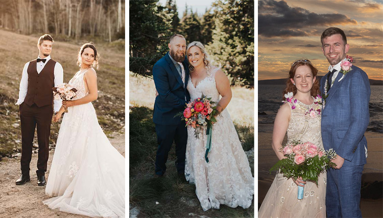 Shawna Ruff and Jeff Schafer posing outside on the left, Hailey Thompson and Ian Tate smiling in the center, Libby Young and Chris Birmingham smiling on the beach on the right