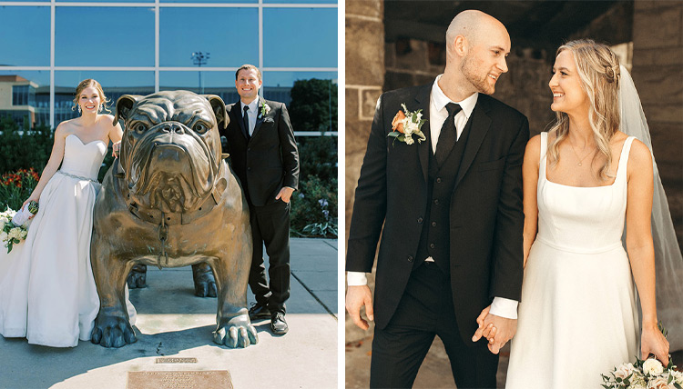 Richard Young and Emma Turgeon smiling with Spike statue on the left, Natalie Hastings and Luke Lenhardt smiling at each other on the right