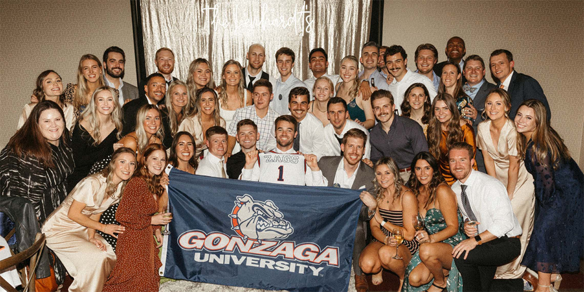 Natalie Hastings and Luke Lenhardt with all the Zags at the wedding