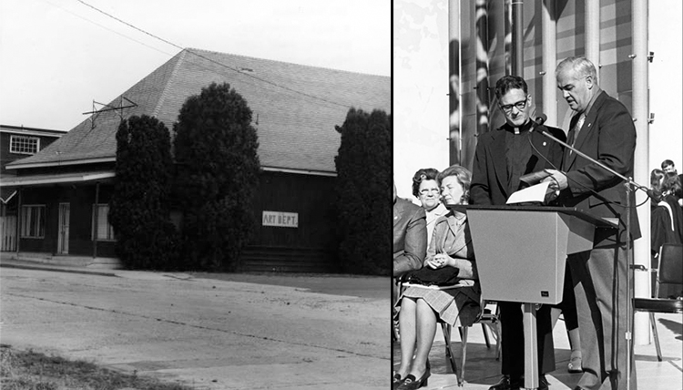 two black and white photos, one of gonzaga art building and one of Fr Coughlin with King Cole