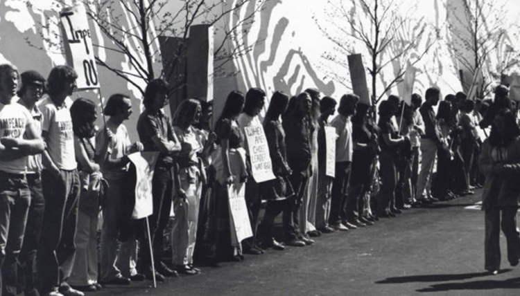 black and white photo of students protesting in 1974