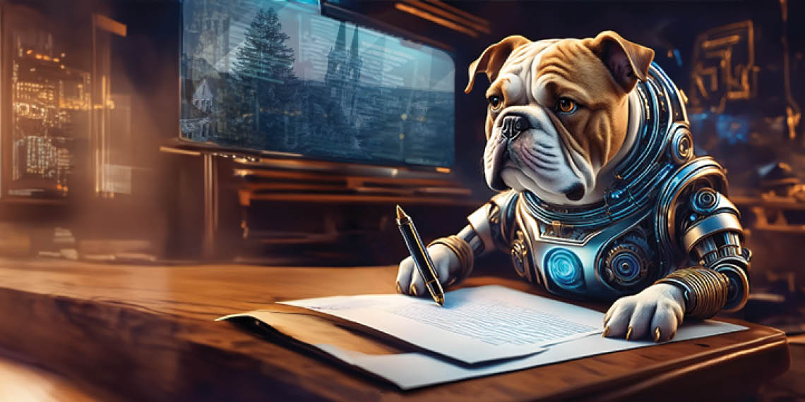 AI-generated image of a bulldog in a robotic suit sitting at a desk and writing on paper.