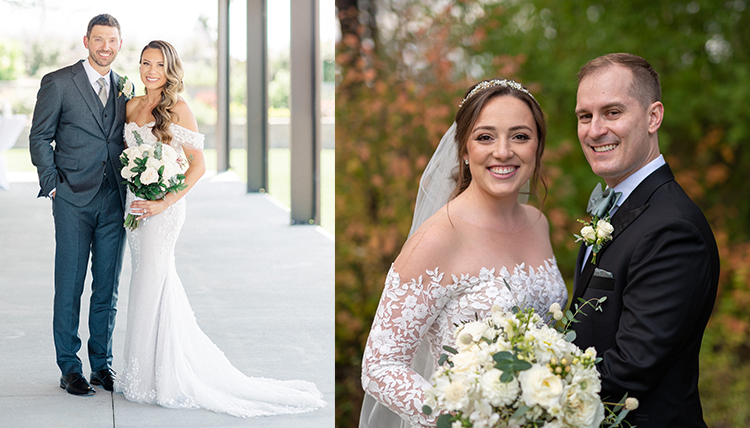 ’13 Tiffany Arnold and Ryan Fisher and ’15 Alexandra Tallas and Andrew Cole's wedding portraits.