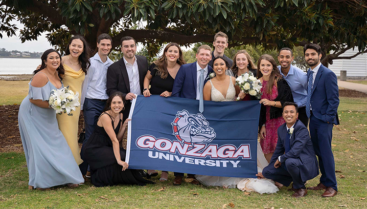 ’17, ’22 M.A. Alexa Salvador and ’17 Ryan Gaske's wedding portrait.