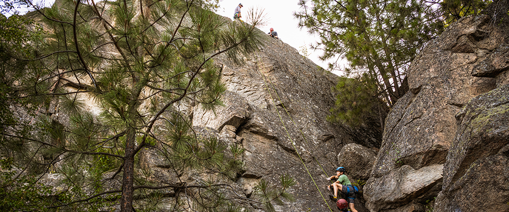 rock climbers on a tall rock in the woods
