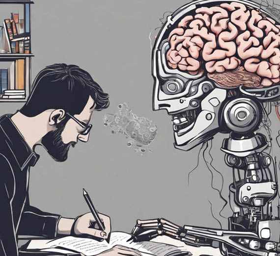 Illustration of a student writing while an AI robot with an exposed brain sits beside him.