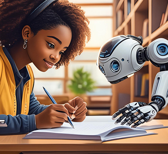 Be Your Own Best AI Detector Hero Image of a college student having a robot telling them how to write their paper