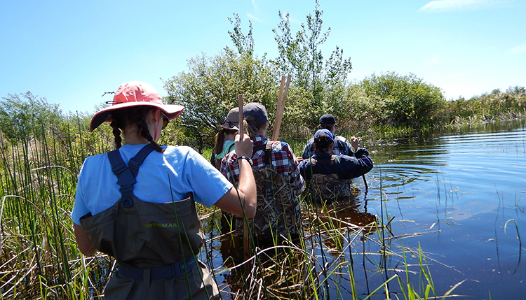 Students wading waist-deep in a Northwest lake. 