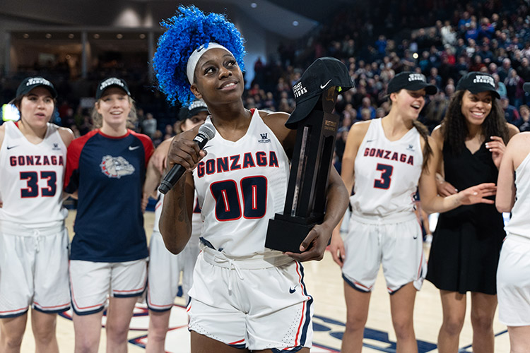Zykera Rice on Senior Night at the Kennel. She was among five Zags selected to the 2018-19 West Coast Conference All-Academic Team.  (GU photo by Luke Kenneally)